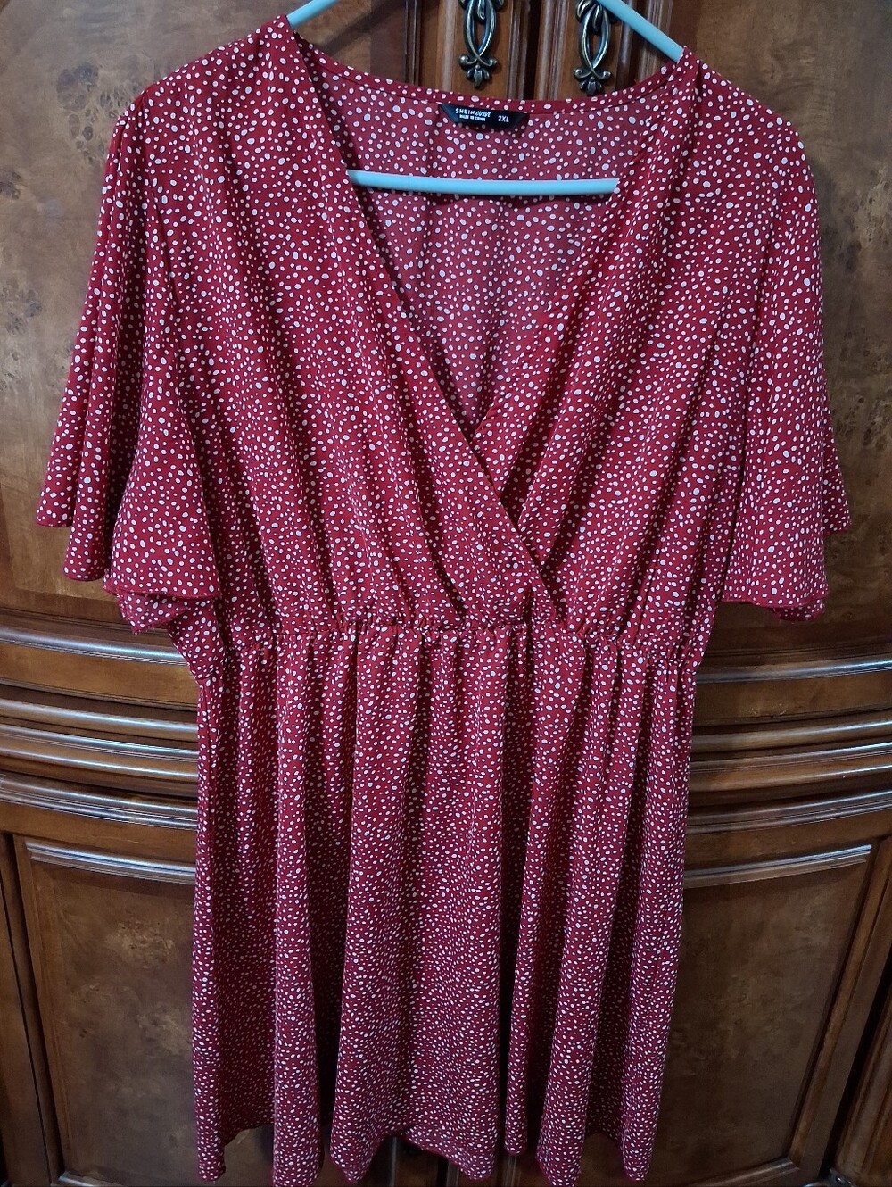 Shein Burgundy Polka Dot Faux-Wrap Midi Dress